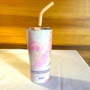 New Stainless Steel Tumbler with Straw - Pink Floral Design